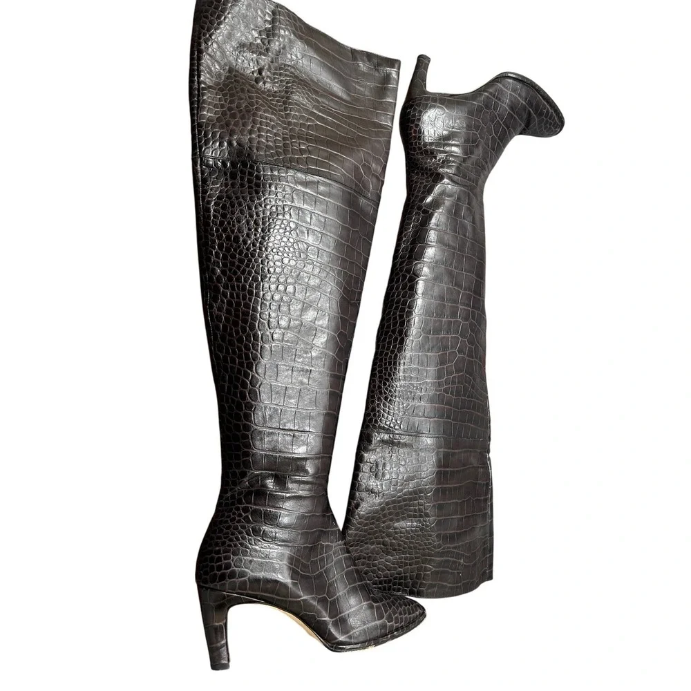 Reformation Croc Embossed Leather Thigh High Boots Wmns 9.5 Brwn Brazil RARE HTF